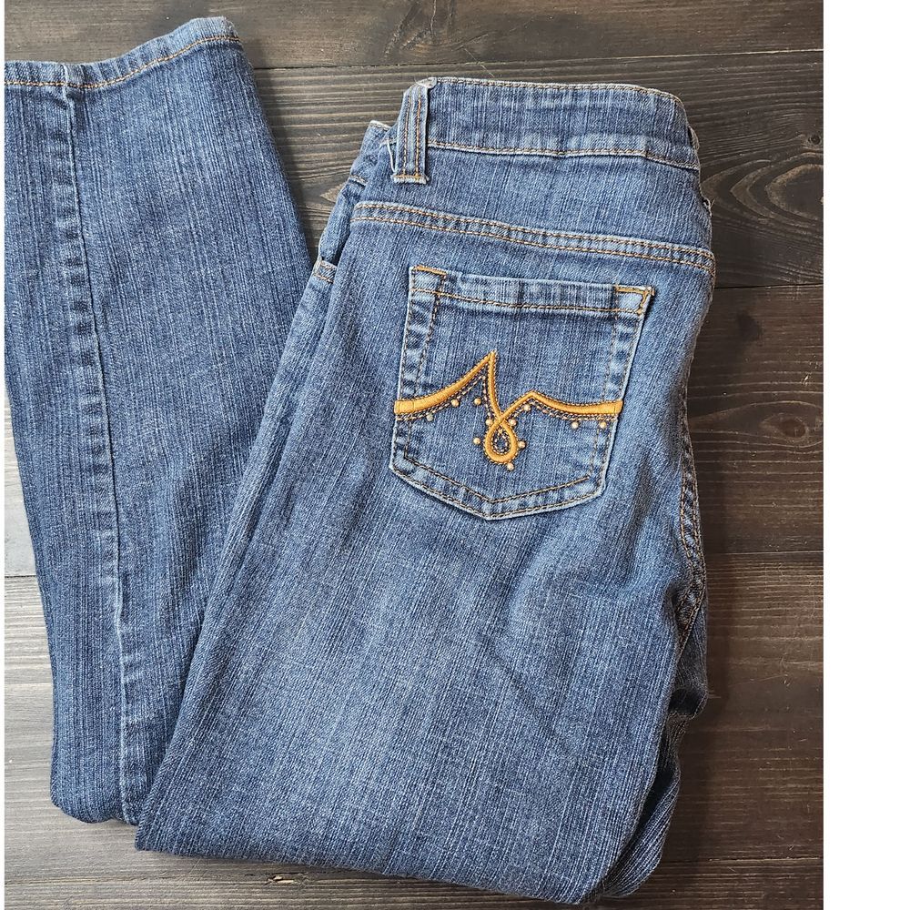 Cache Womans Jeans Size 4 Blue with Gold‎ Pocket Accents Straight leg
